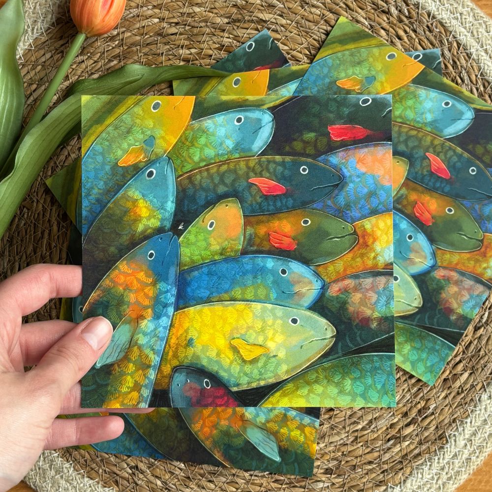 rainbow fish pile - mini art print