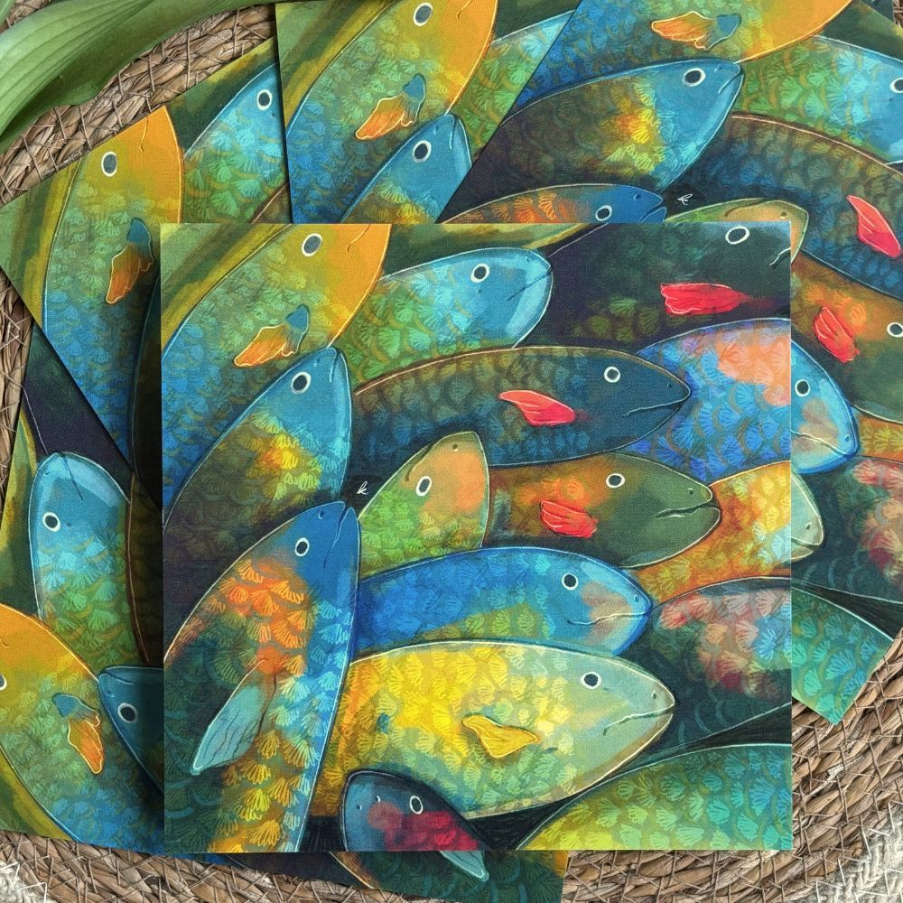 rainbow fish pile - mini art print
